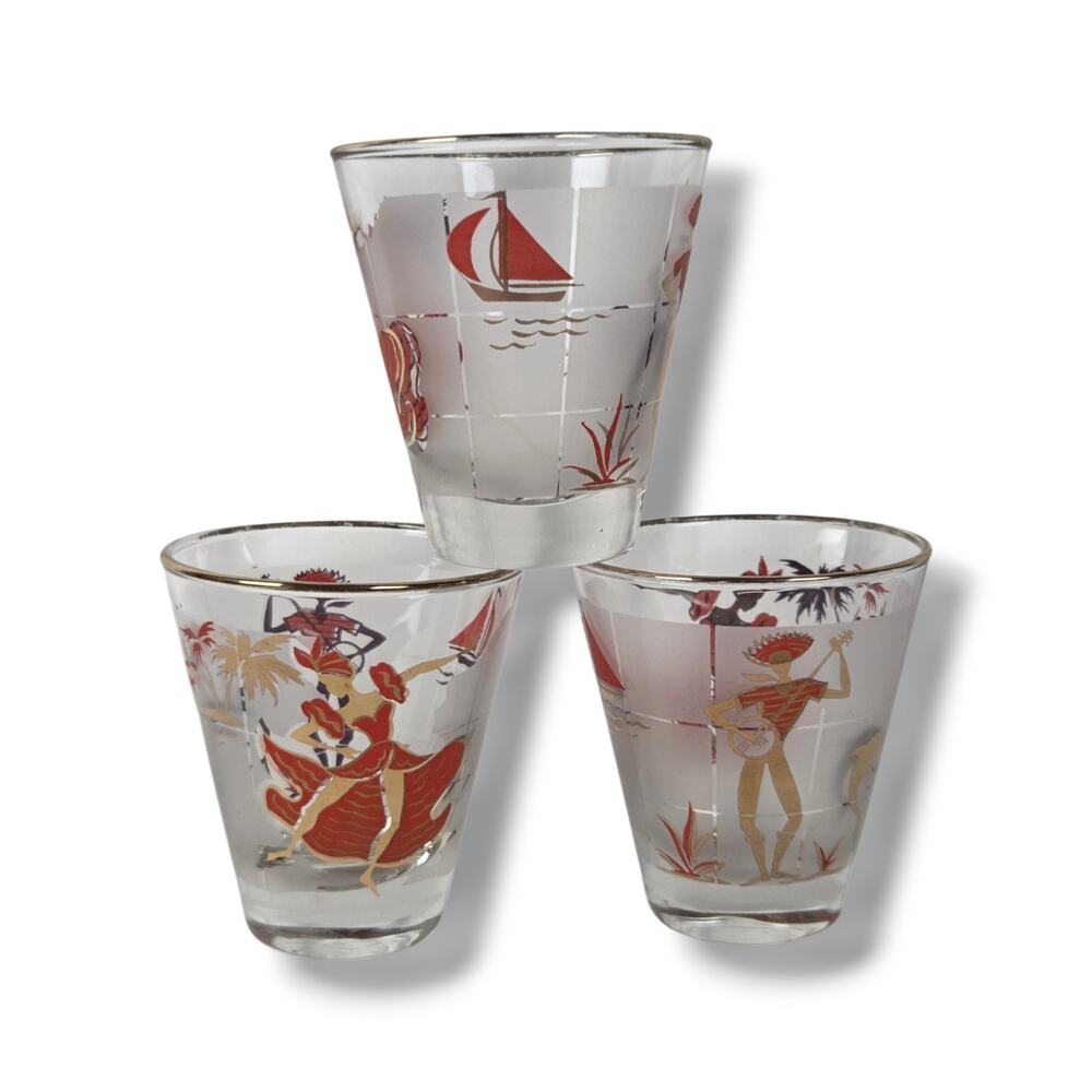 Libbey Caribbean Cruise Havana Calypso Dancer Whiskey Glasses Mid Century 1960s